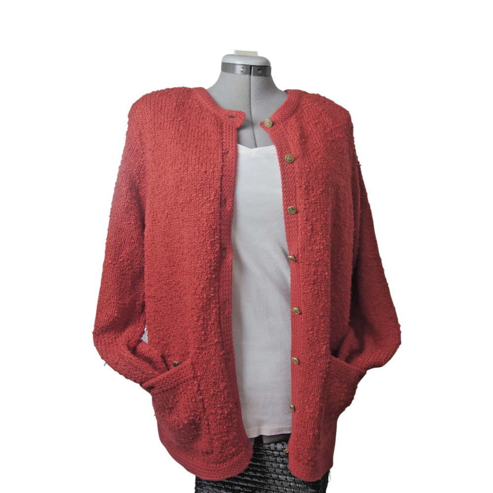 Blair Boutique Red Textured Cardigan Large Gold Buttons Shoulder Pads